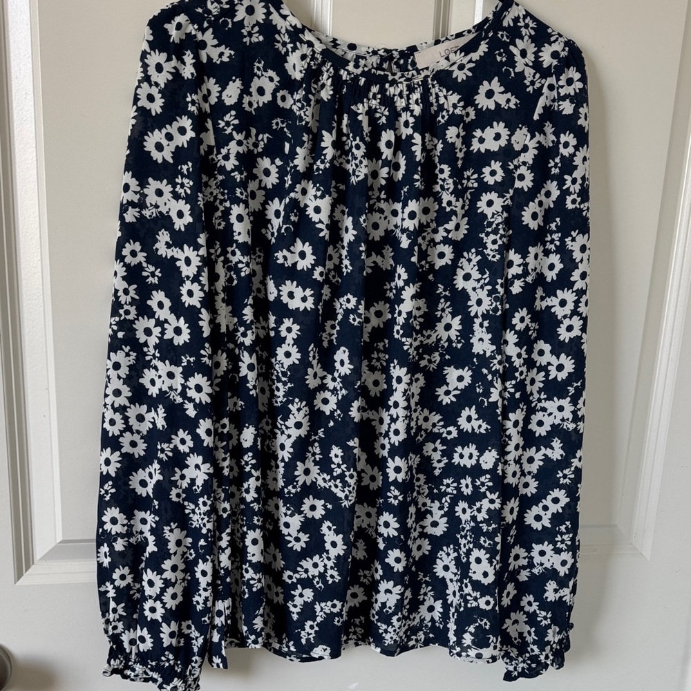LOFT Navy and White Floral Blouse